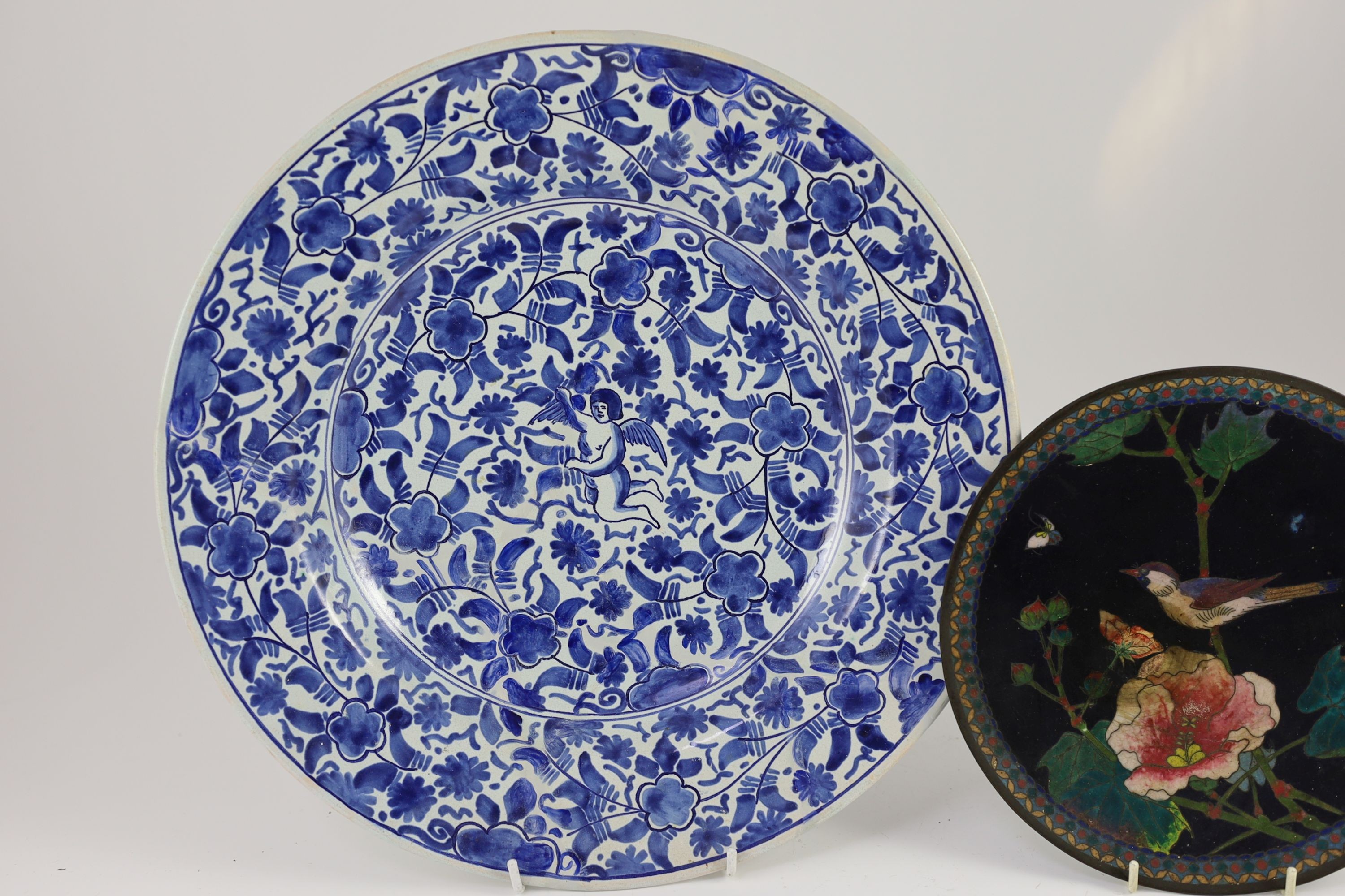 A Delft Roos factory blue and white dish and a Japanese cloisonné enamel dish